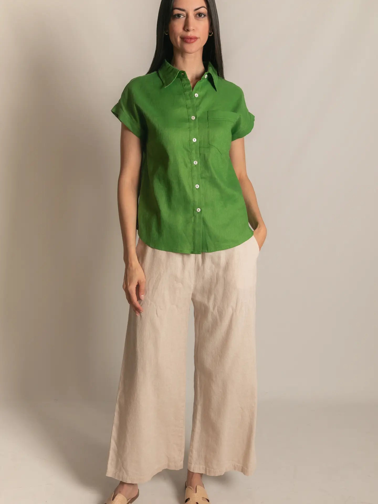GRASS GREEN LINEN RELAXED TOP