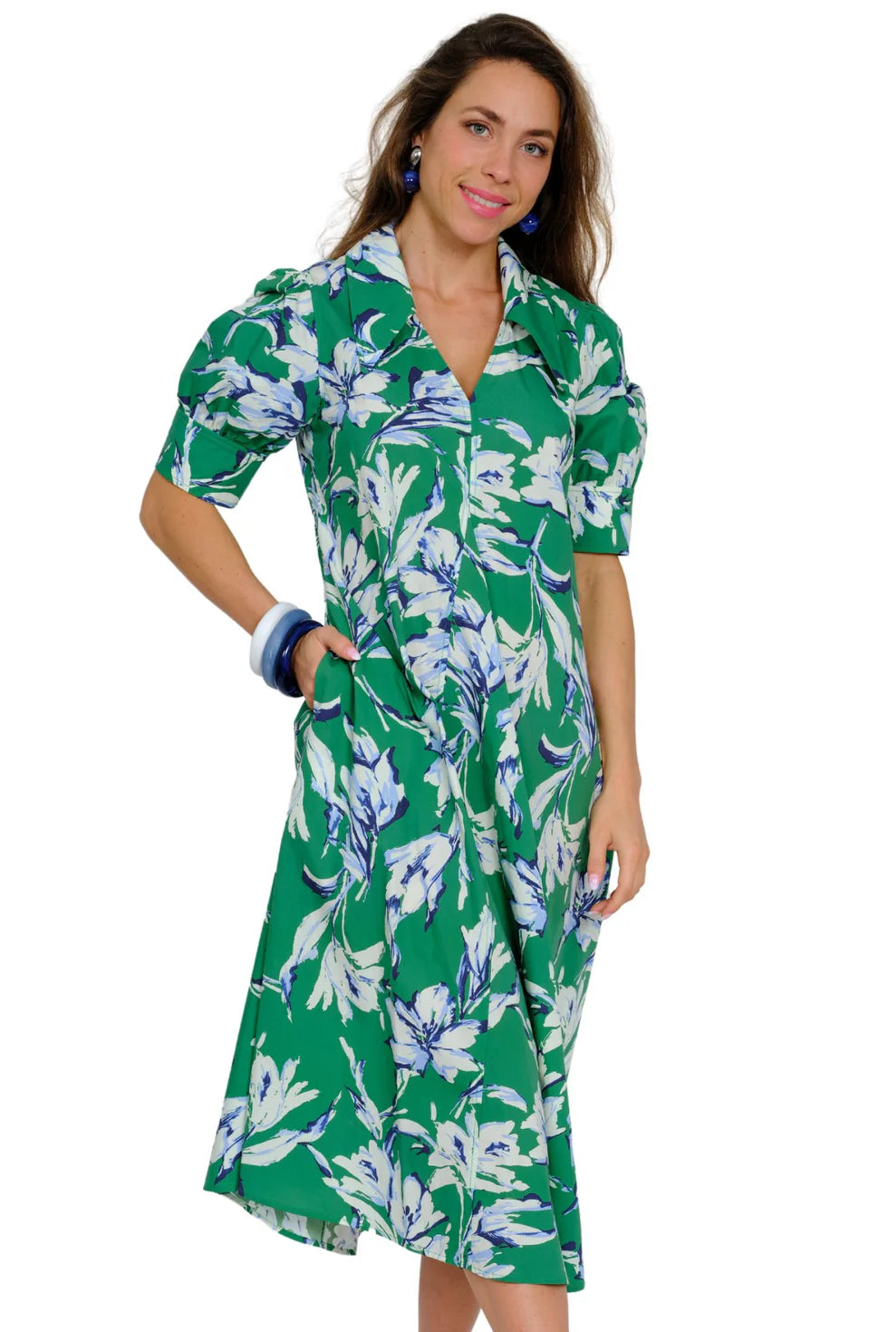 AMBER KELLY GREEN DRESS W/ BLUE FLORALS