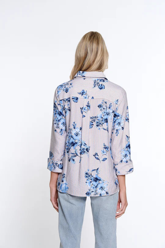 BLUE FLORAL & STRIPE 3/4 SLEEVE BUTTON FRONT SHIRT