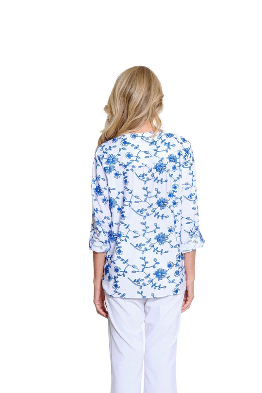 TIE FRONT BLOUSE WITH BLUE FLOWERS