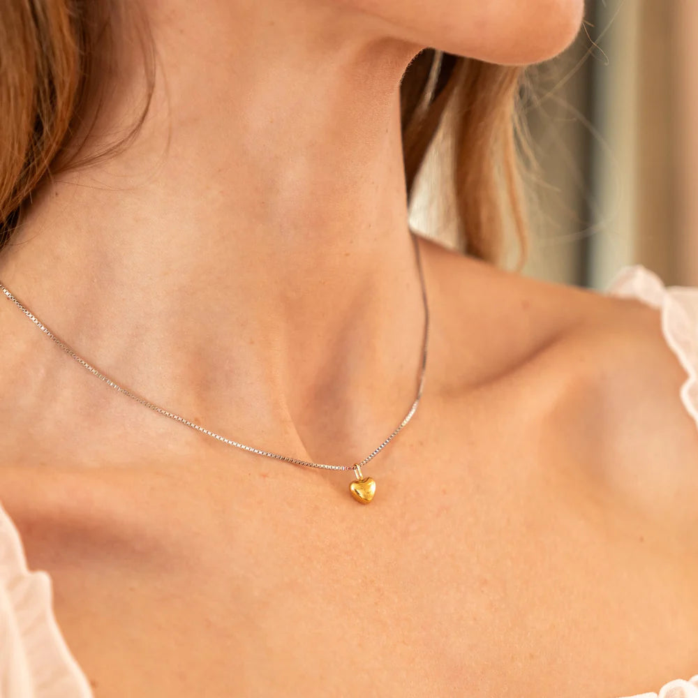 TWO-TONE SMALL PUFFY HEART NECKLACE