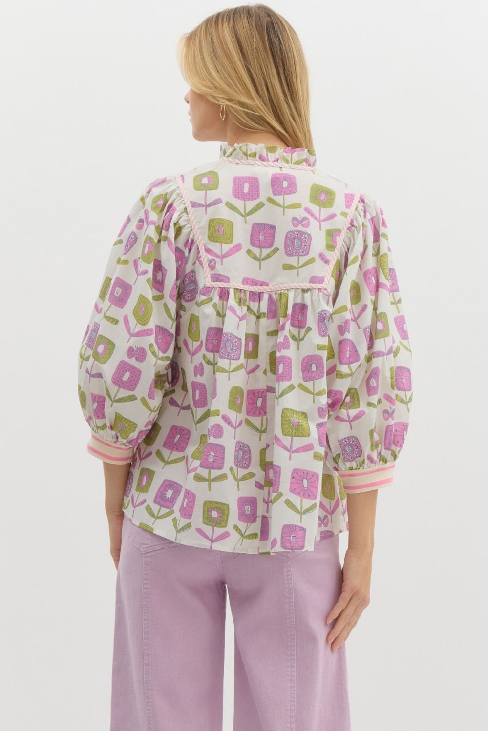 CREAM W PINK FLOWERS TOP