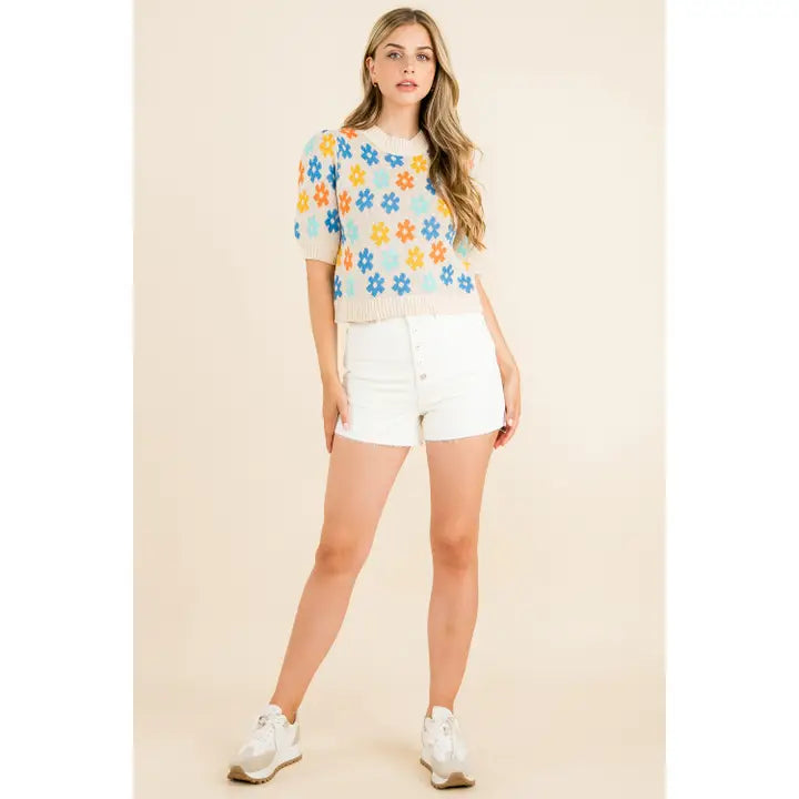 SHORT SLEEVE BRIGHT FLOWER SWEATER