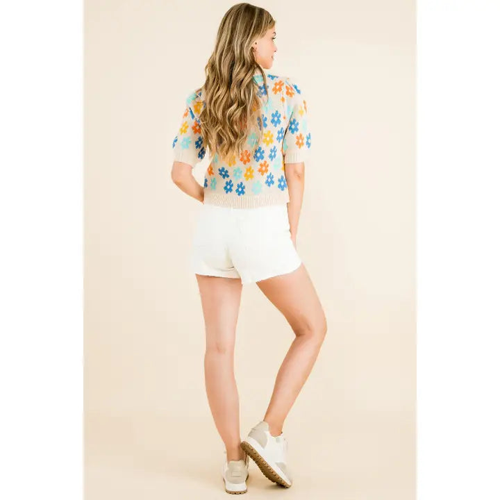 SHORT SLEEVE BRIGHT FLOWER SWEATER