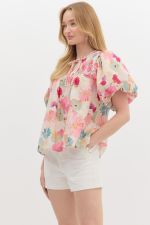 BUBBLE SLEEVE FLORAL PRINT TOP
