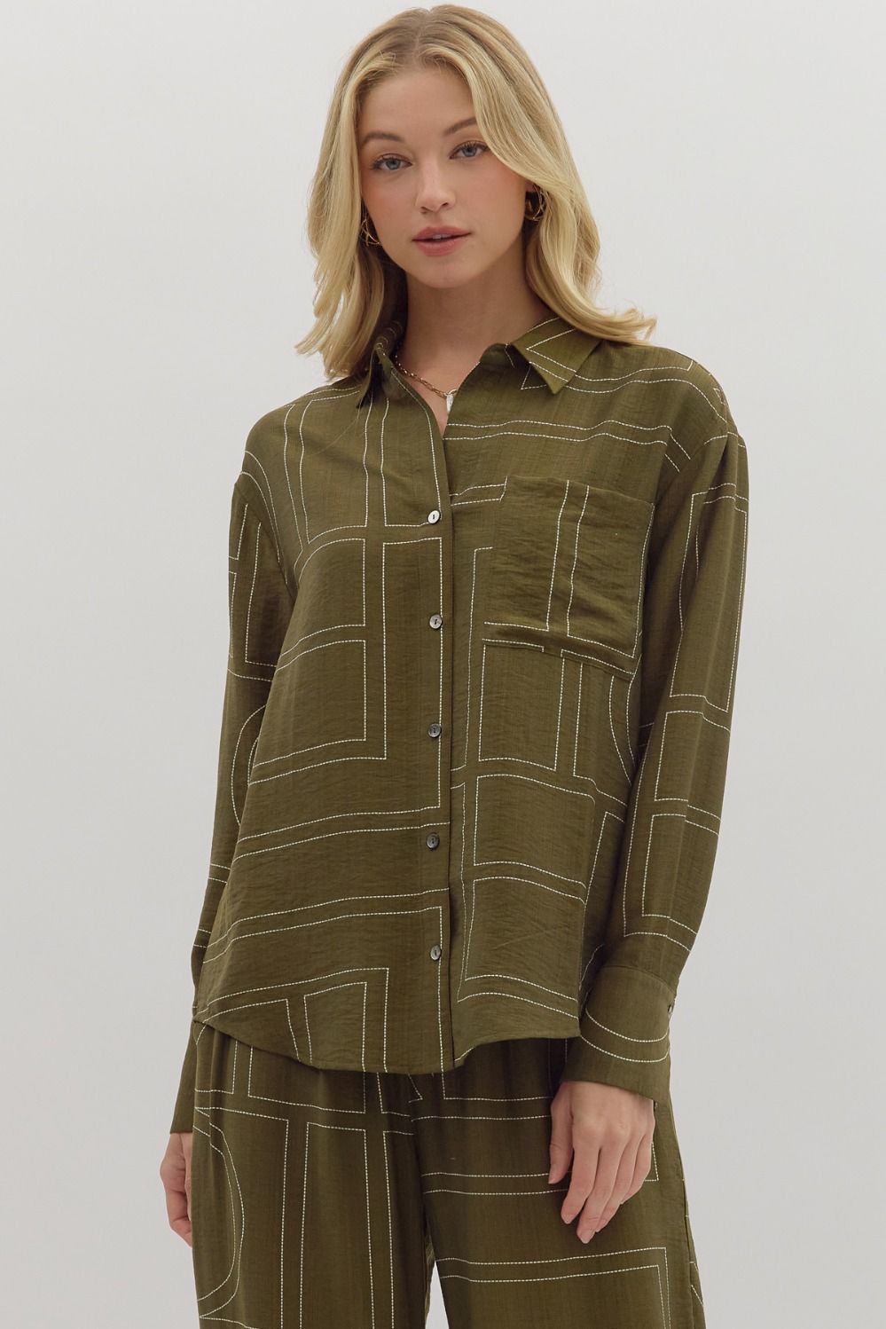 OLIVE ABSTRACT EMBROIDERED TOP