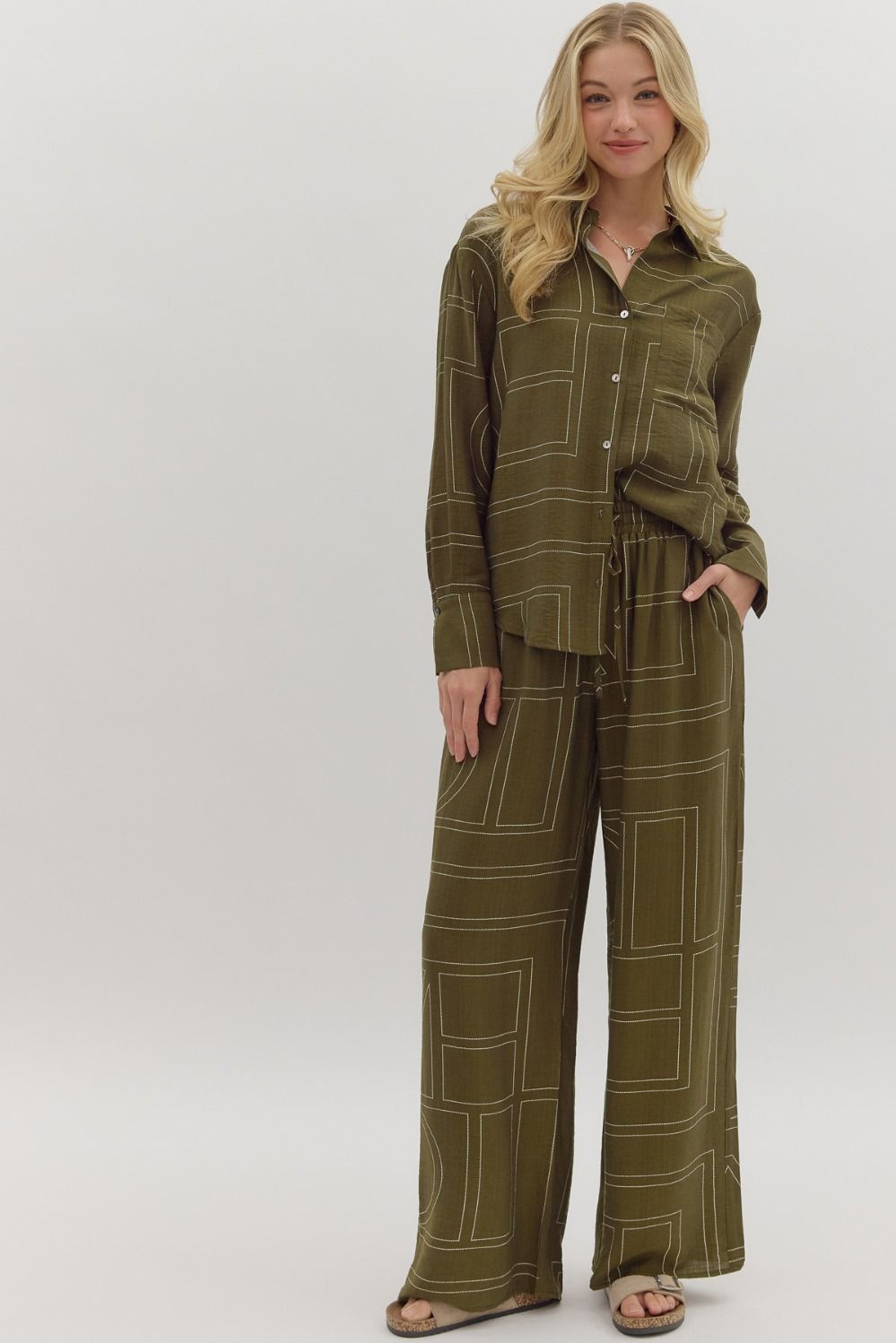 OLIVE ABSTRACT EMBROIDERED TOP