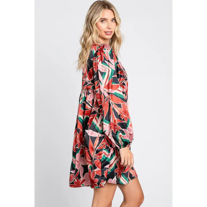 PLUS - SATIN BABY DOLL DRESS - FLORAL PRINT