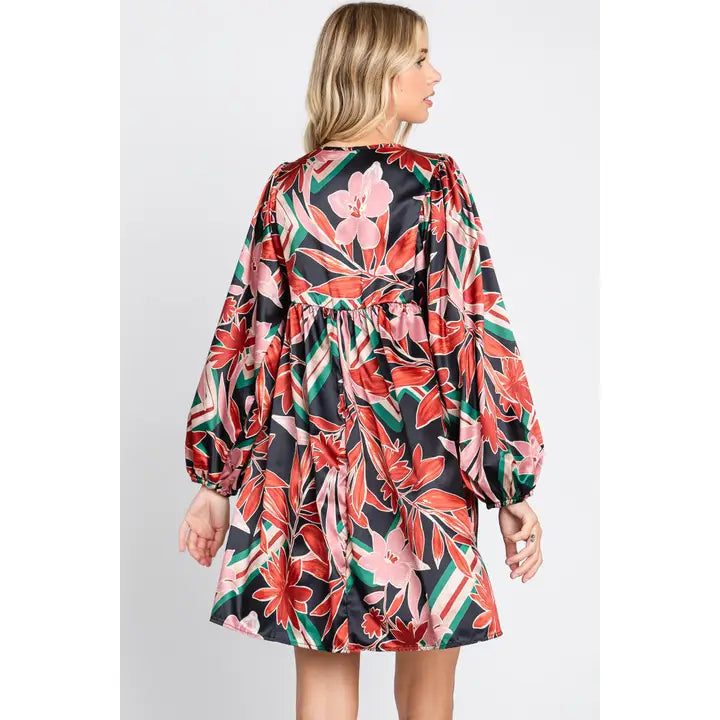PLUS - SATIN BABY DOLL DRESS - FLORAL PRINT