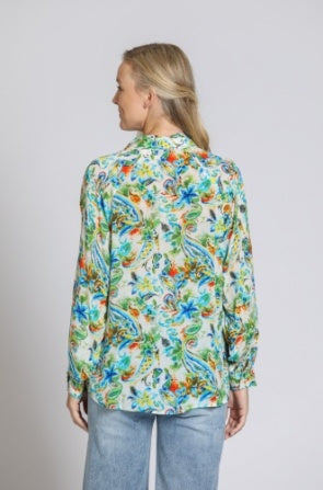 GREEN/BLUE HALF PLACKET PULLOVER BLOUSE
