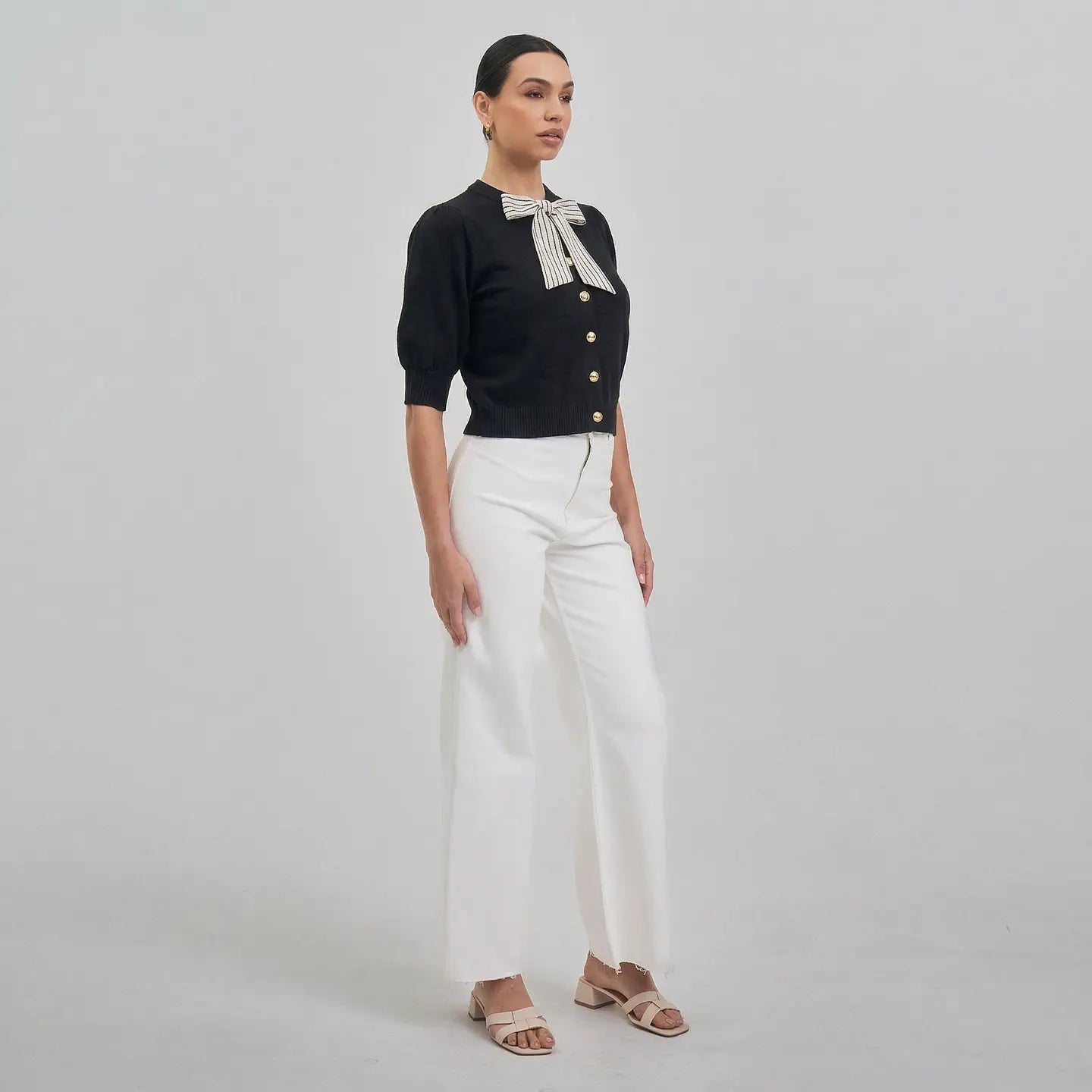 SATIN TIE NECK BLACK CARDIGAN