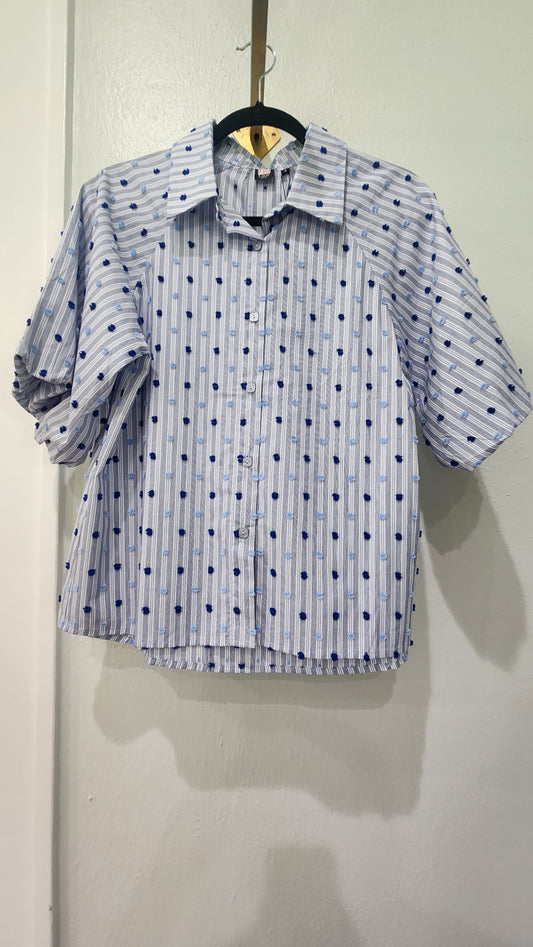 BLUE PUFF SLEEVE EMBROIDERED DOT TOP