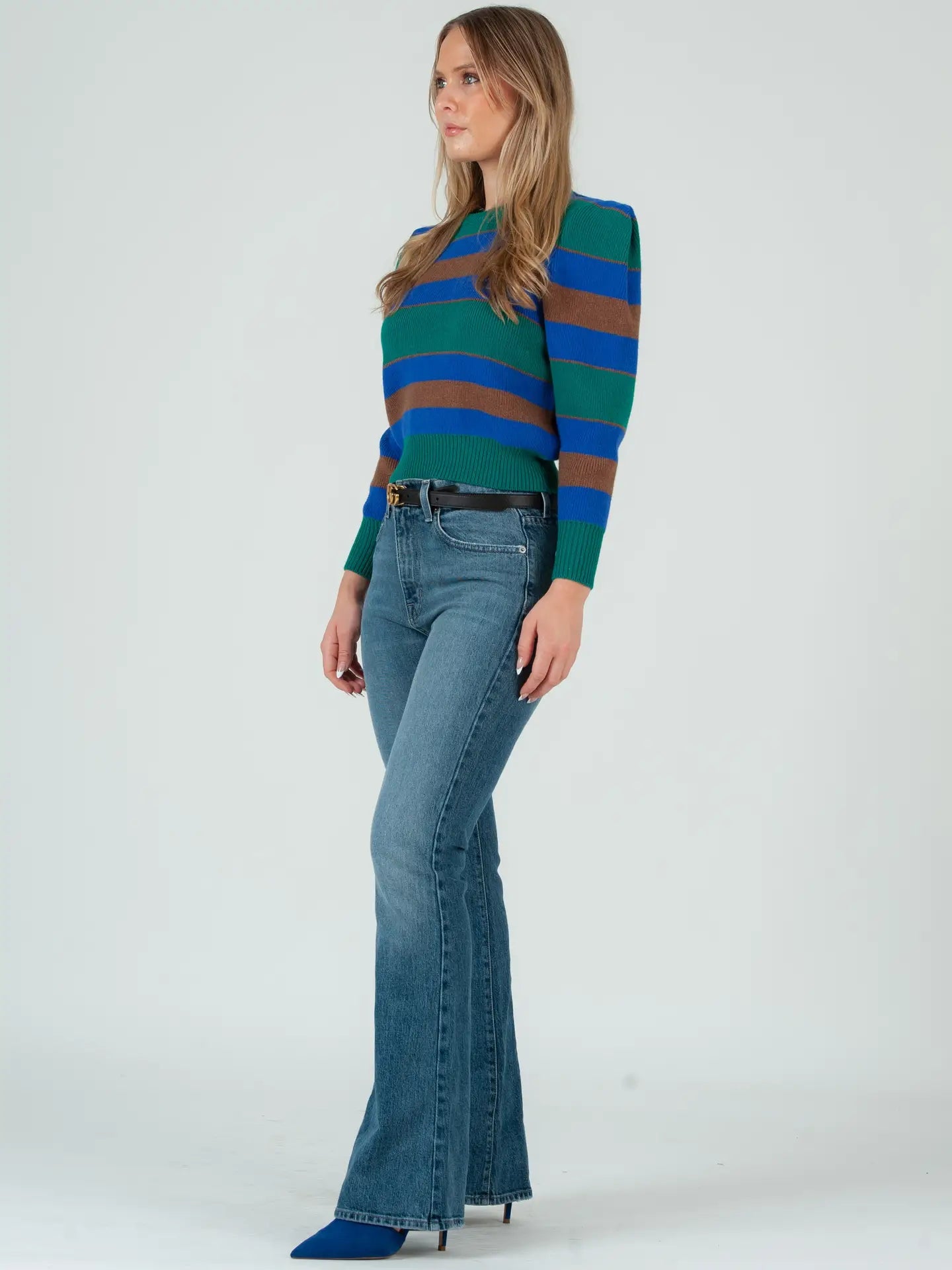 STRIPED PUFF SHOULDER SWEATER