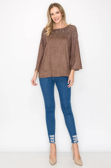 ANNIE SUEDE TOP W/ STUDS & PEARLS - UMBER