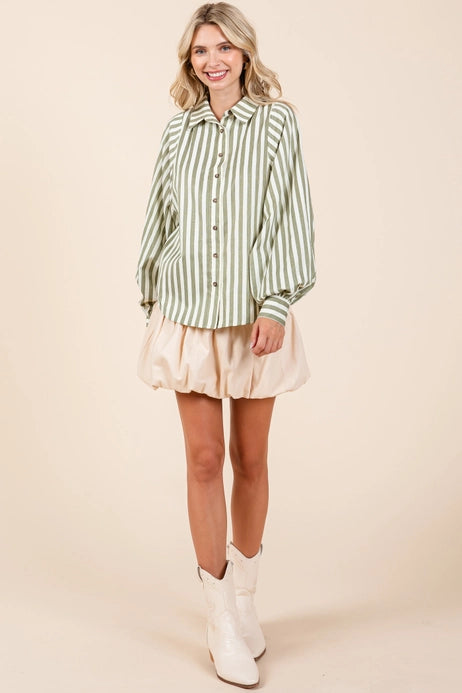 STRIPE PATTERN BUTTON UP TOP - OLIVE