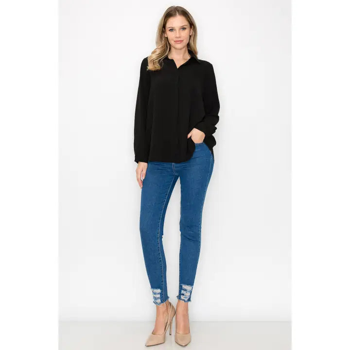 WANDA WOVEN CREPE TOP - BLACK