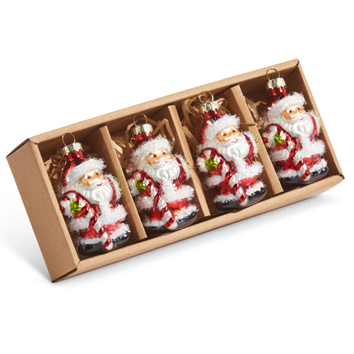 BOX OF TINSEL SANTA ORNAMENTS