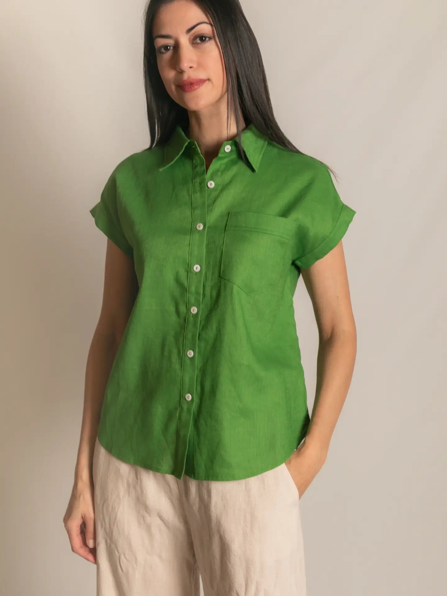 GRASS GREEN LINEN RELAXED TOP