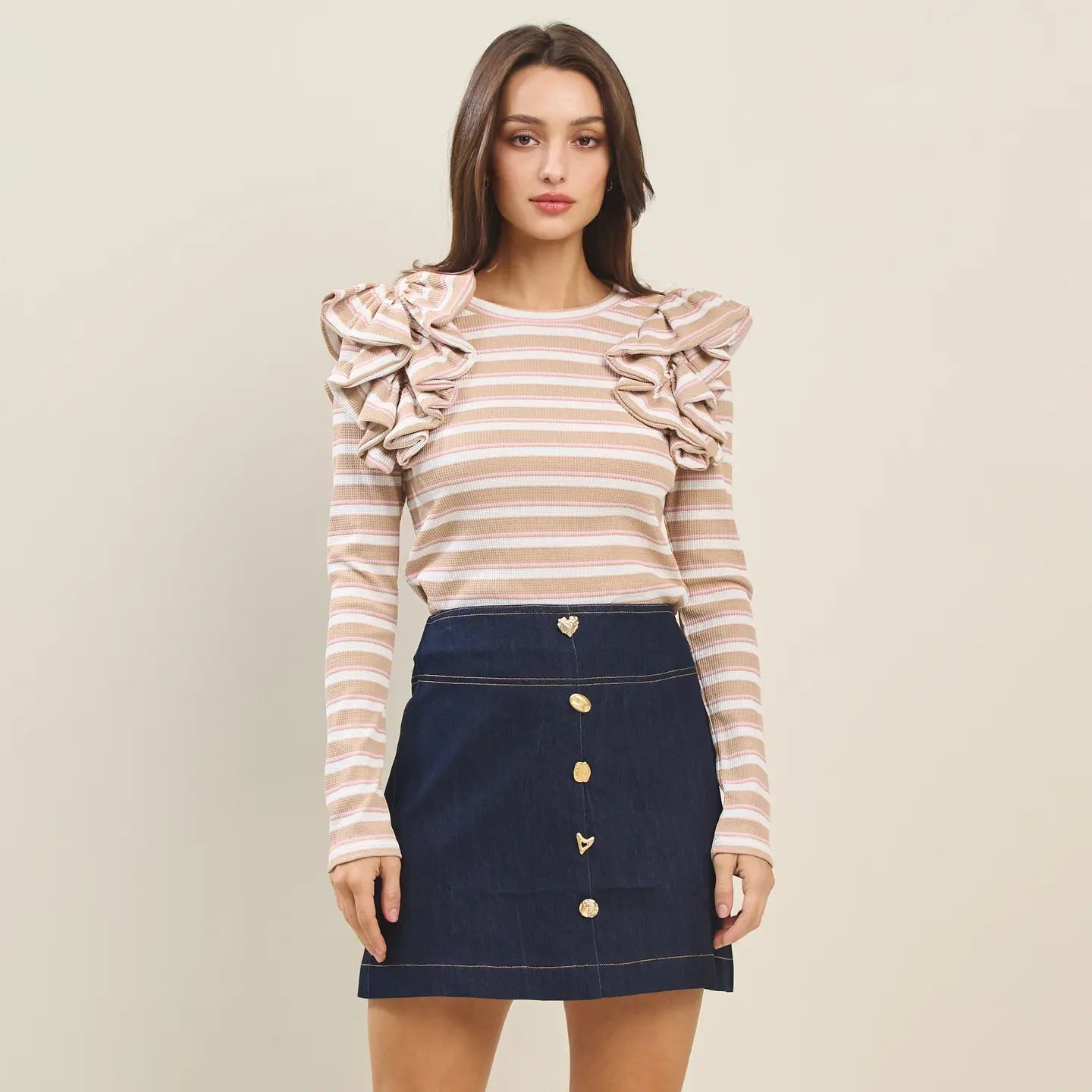 STRIPED RUFFLE SHOULDER TOP