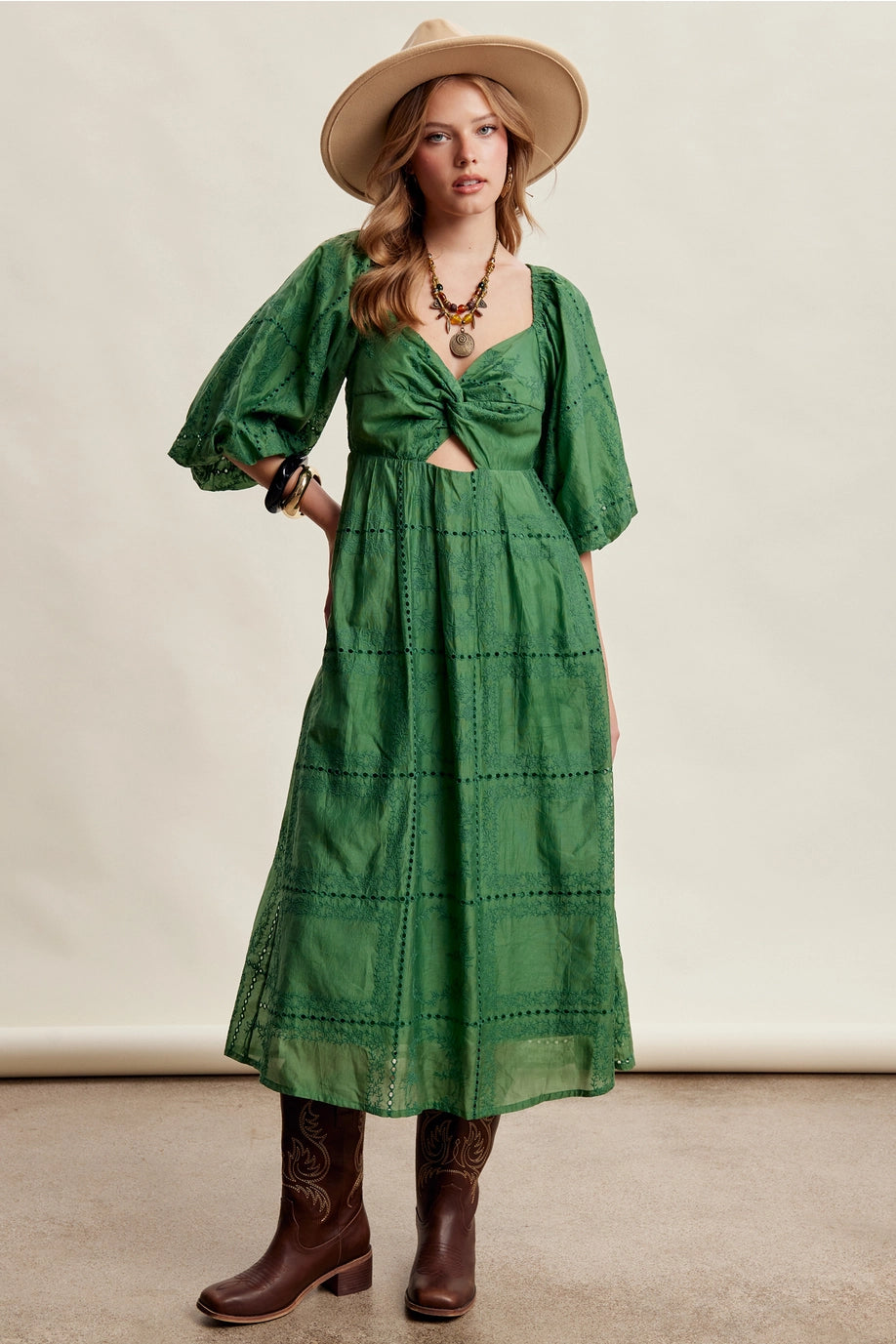 GREEN EMBROIDERED FLOWY DRESS