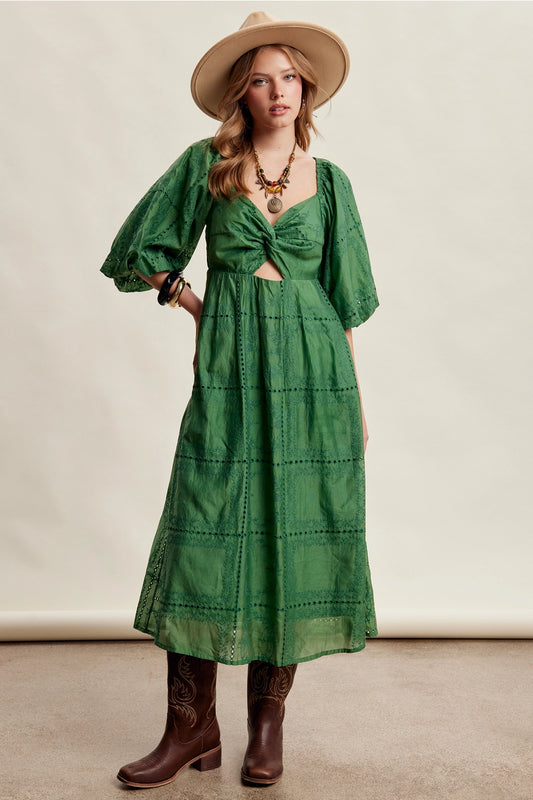 GREEN EMBROIDERED FLOWY DRESS