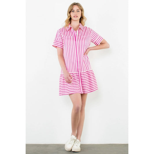 SHORT SLEEVE STRIPED DRESS - PINK