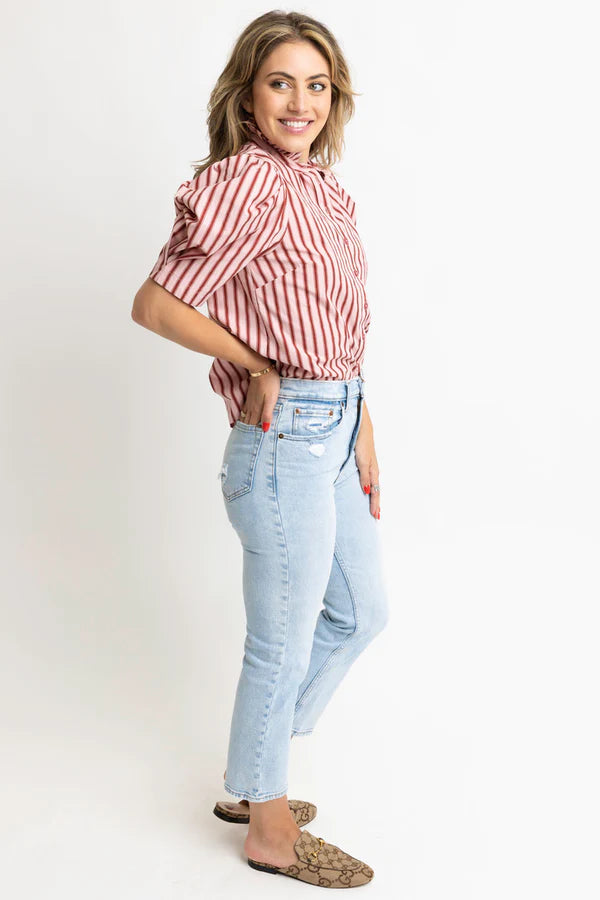 STRIPED PUFF SLEEVE RUFFLE NECK TOP