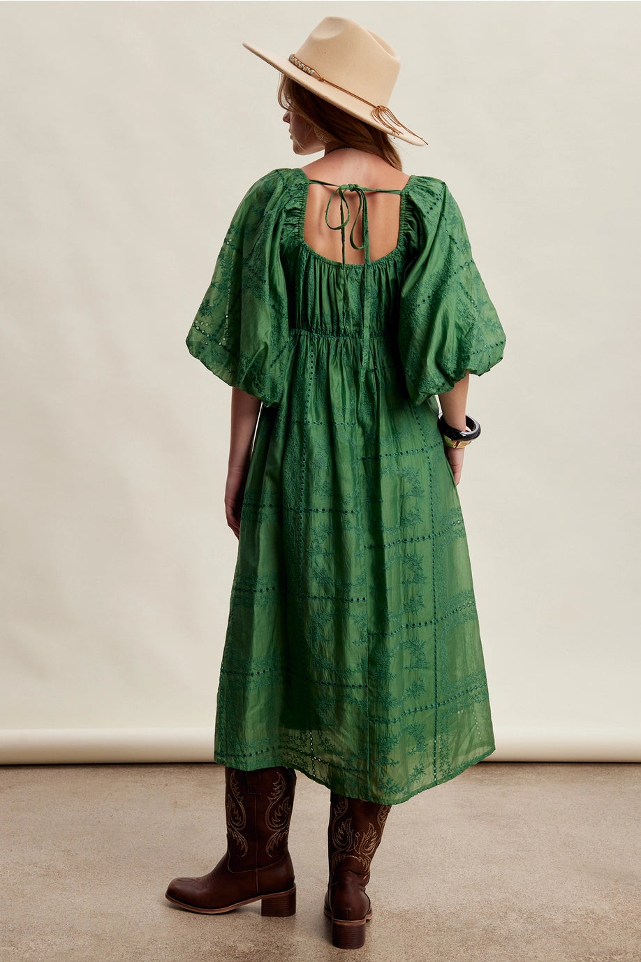 GREEN EMBROIDERED FLOWY DRESS