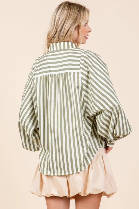 PLUS - STRIPE PATTEREN BUTTON UP TOP - OLIVE