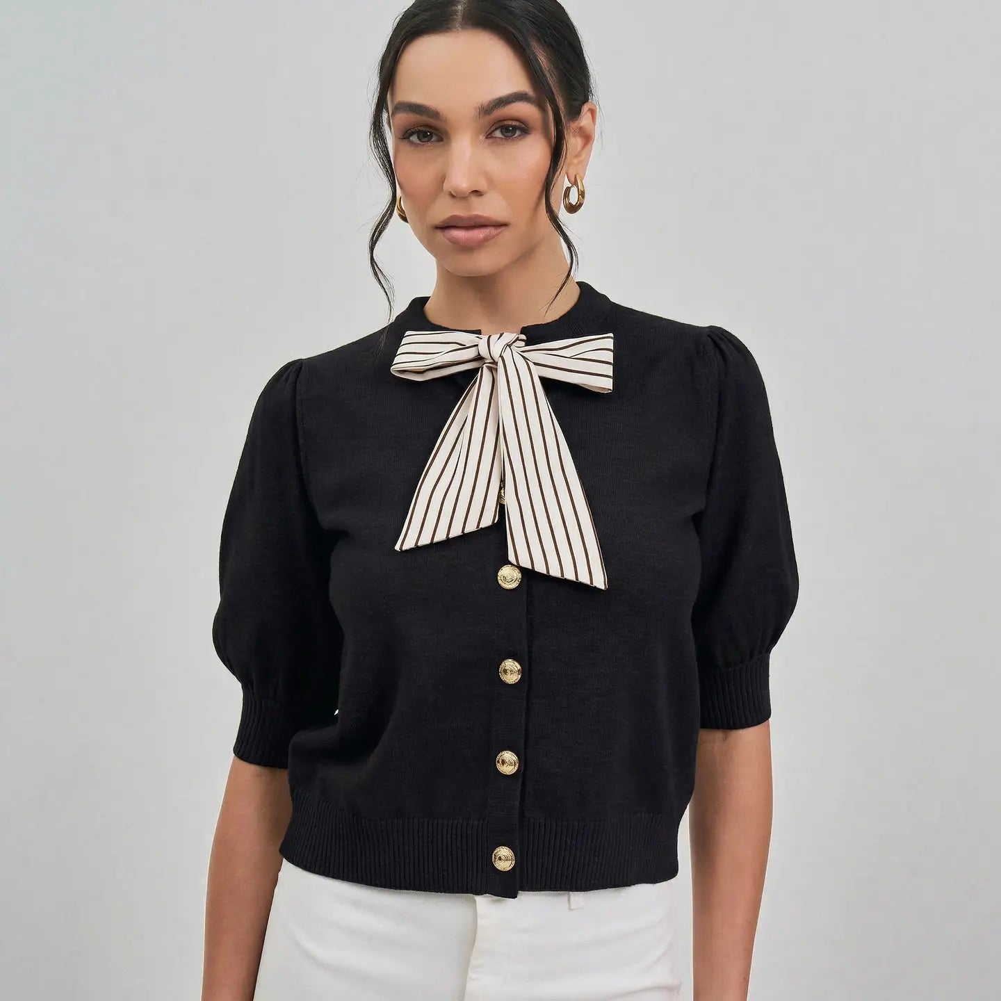 SATIN TIE NECK BLACK CARDIGAN