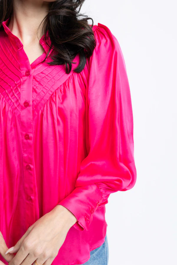 SATIN PLEAT BUTTON UP TOP HOT PINK