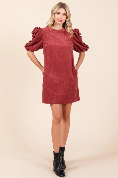 CORDOUROY RUFFLED MINI DRESS