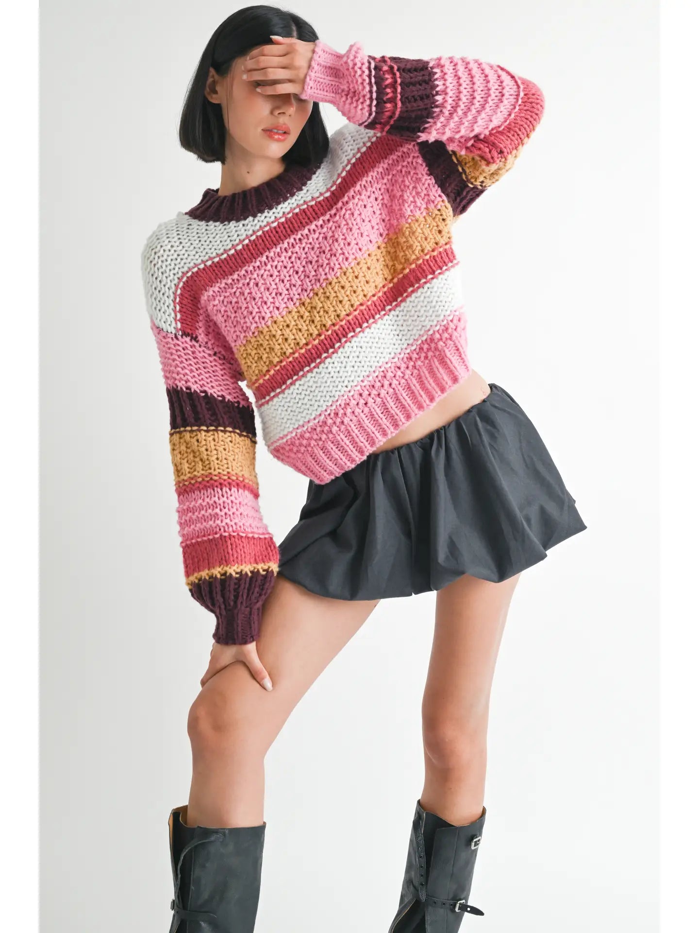 MOCK NECK STRIPED SWEATER