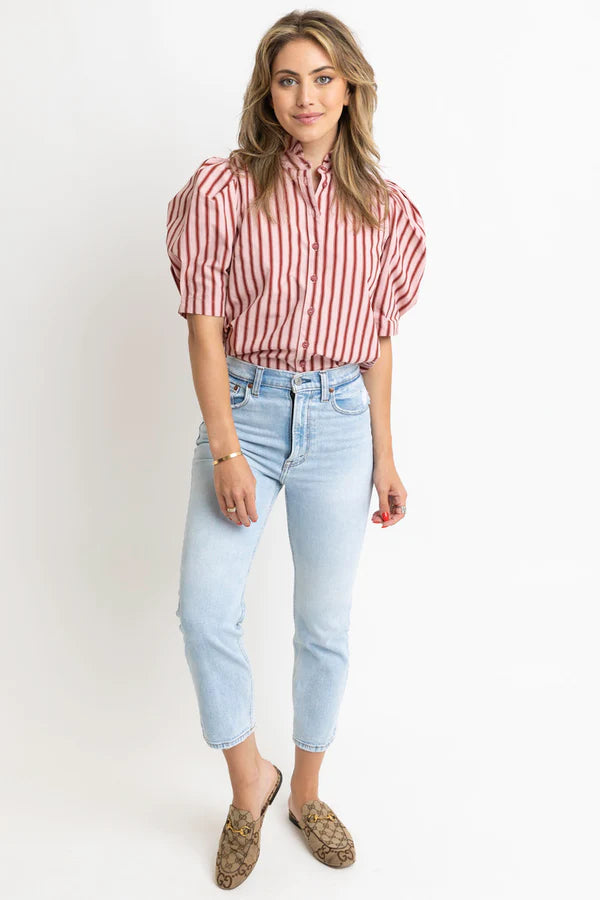 STRIPED PUFF SLEEVE RUFFLE NECK TOP