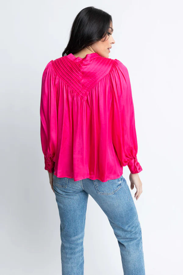 SATIN PLEAT BUTTON UP TOP HOT PINK