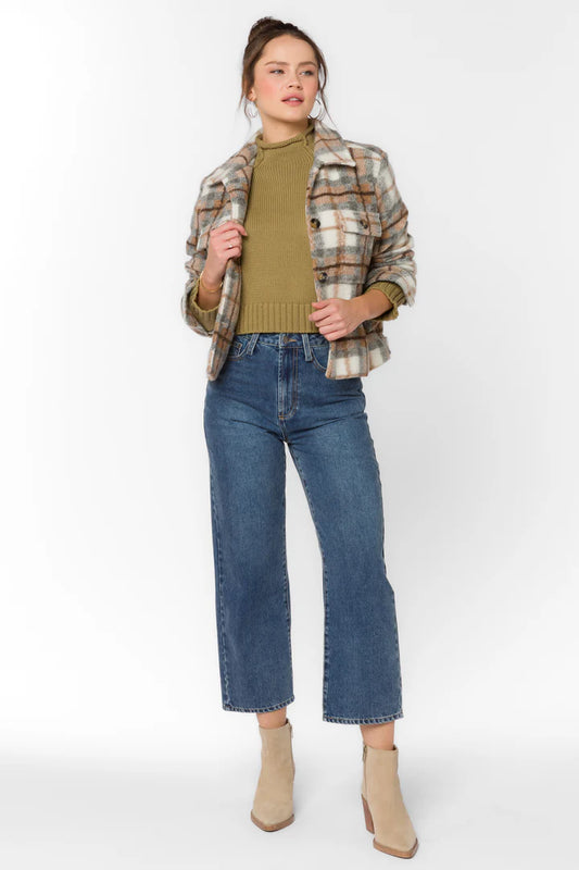 FRENCHIE GREY & BROWN PLAID CROP SHACKET
