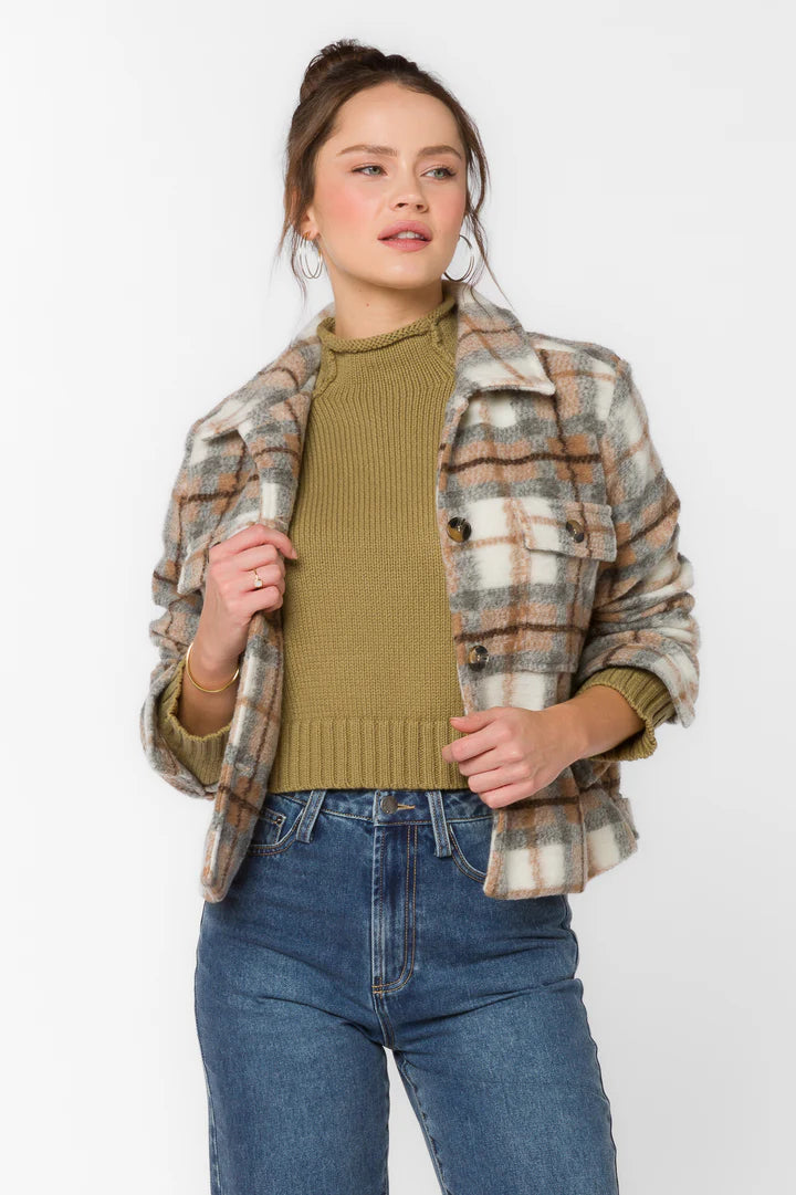 FRENCHIE GREY & BROWN PLAID CROP SHACKET