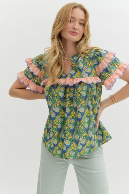 GREEN FLORAL PRINT W RUFFLE TOP