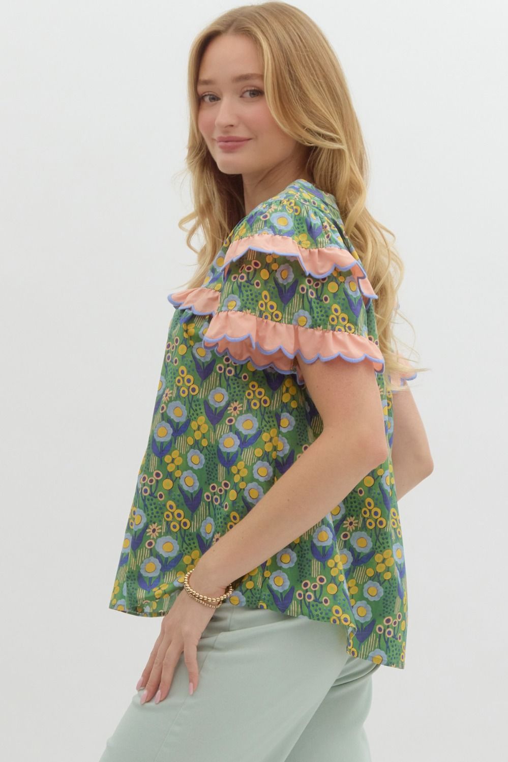 GREEN FLORAL PRINT W RUFFLE TOP