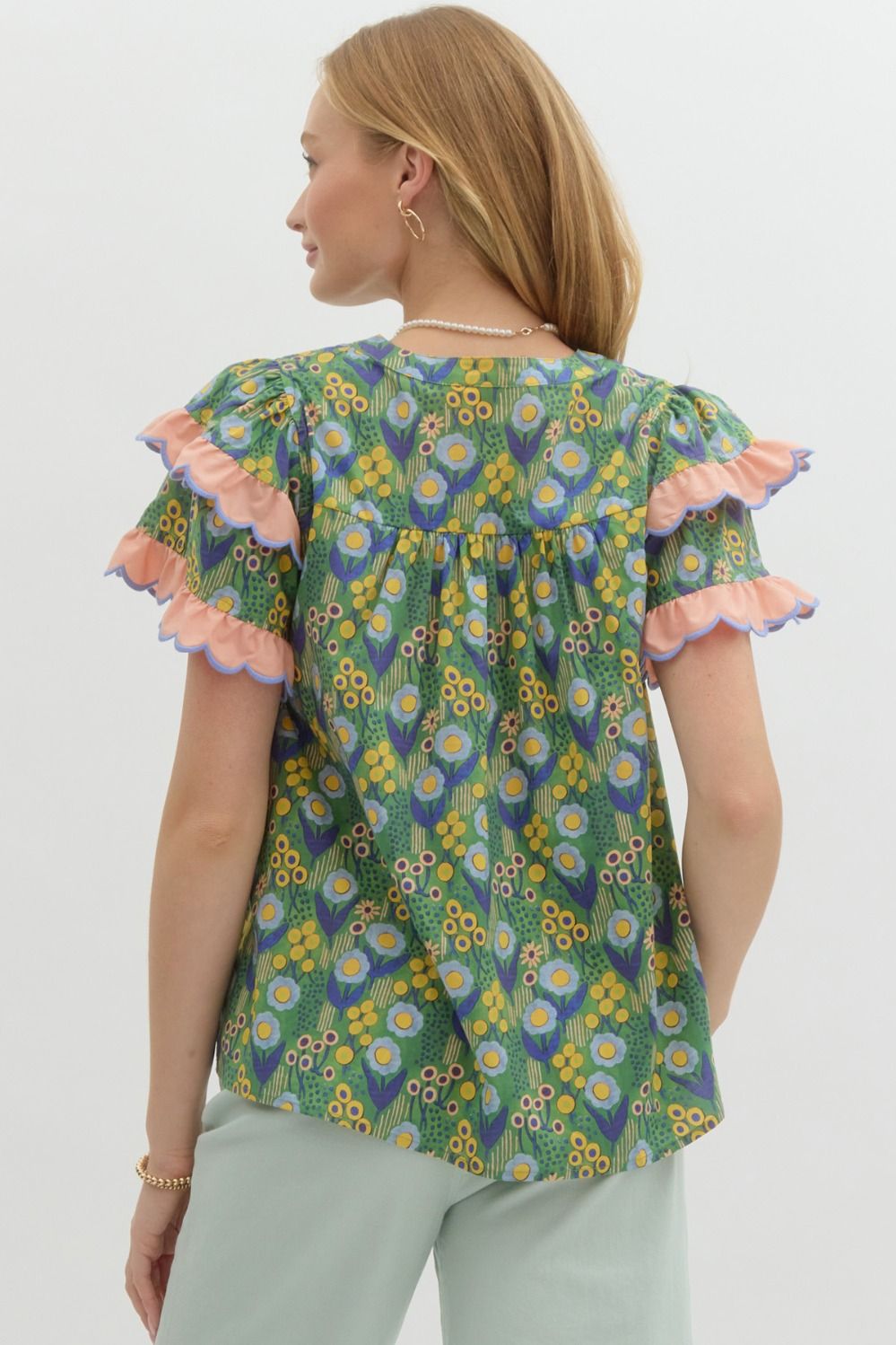 GREEN FLORAL PRINT W RUFFLE TOP