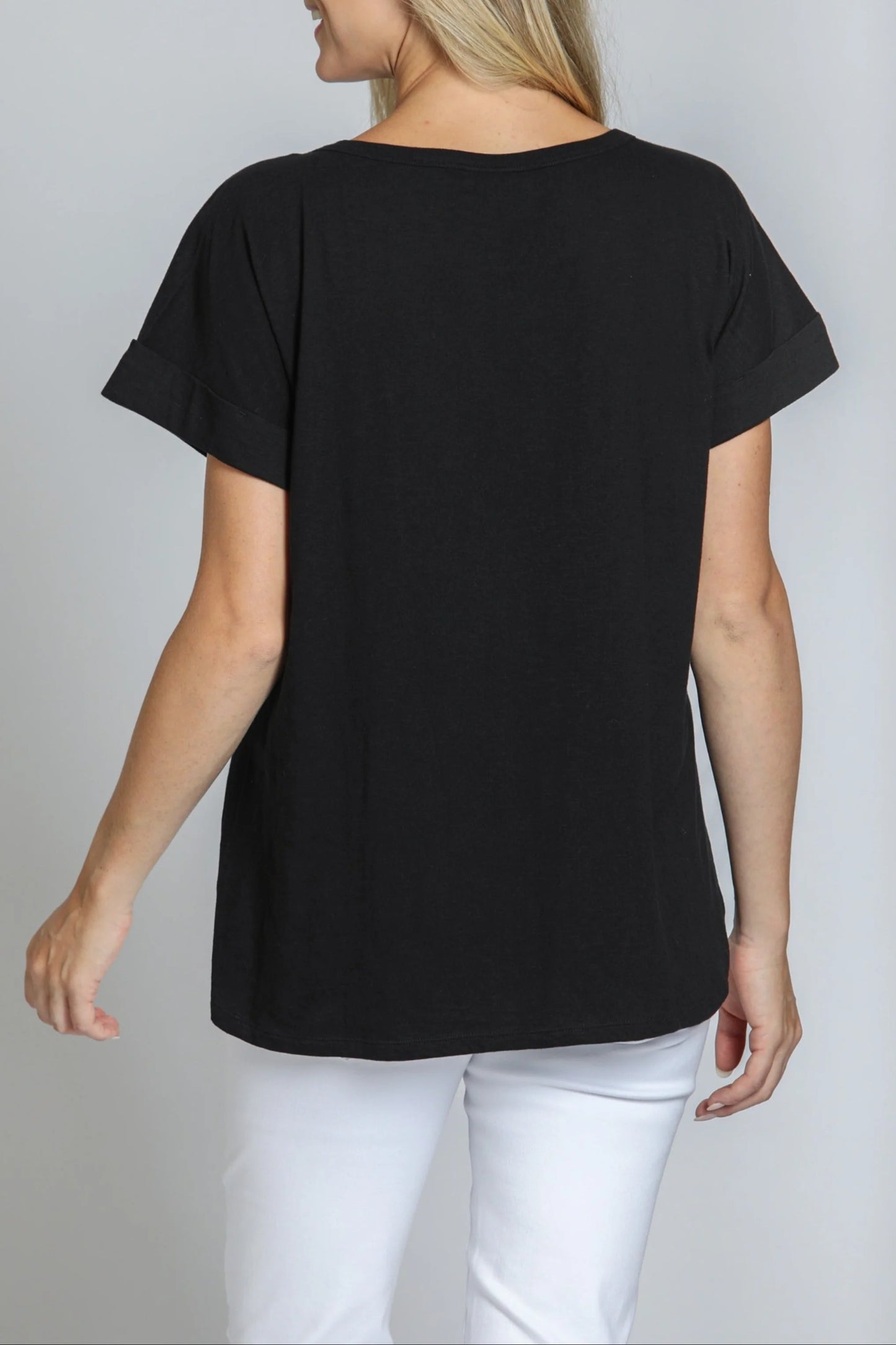 BLACK ROLLED SLEEVE TOP