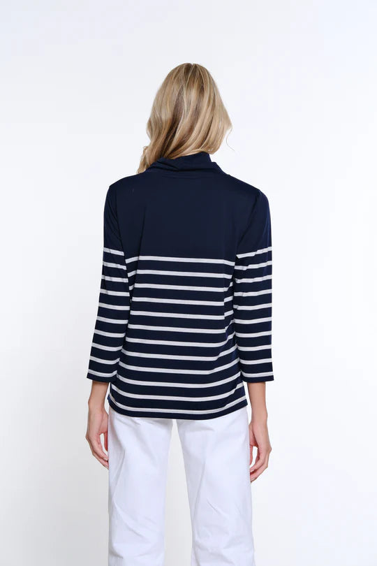 NAVY & WHITE STRIPED SHIRRED COLLAR TOP