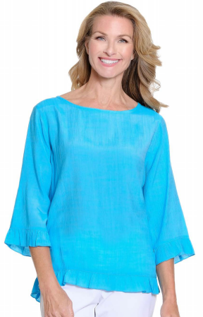 BRIGHT TURQUOISE - SCOOP NECK RUFFLE HEM TOP