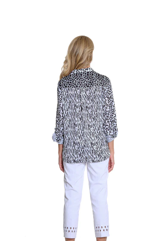 PLUS - MULTI PRINT BLACK & WHITE TIE FRONT TOP