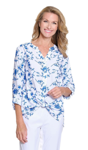 TIE FRONT BLOUSE WITH BLUE FLOWERS