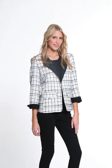 WHITE & BLACK PLAID LAPEL FRONT JACKET