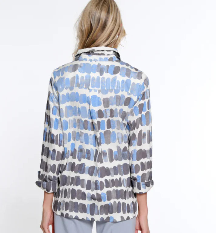 TURN-UP CUFF BUTTON FRONT BLOUSE - BLUE