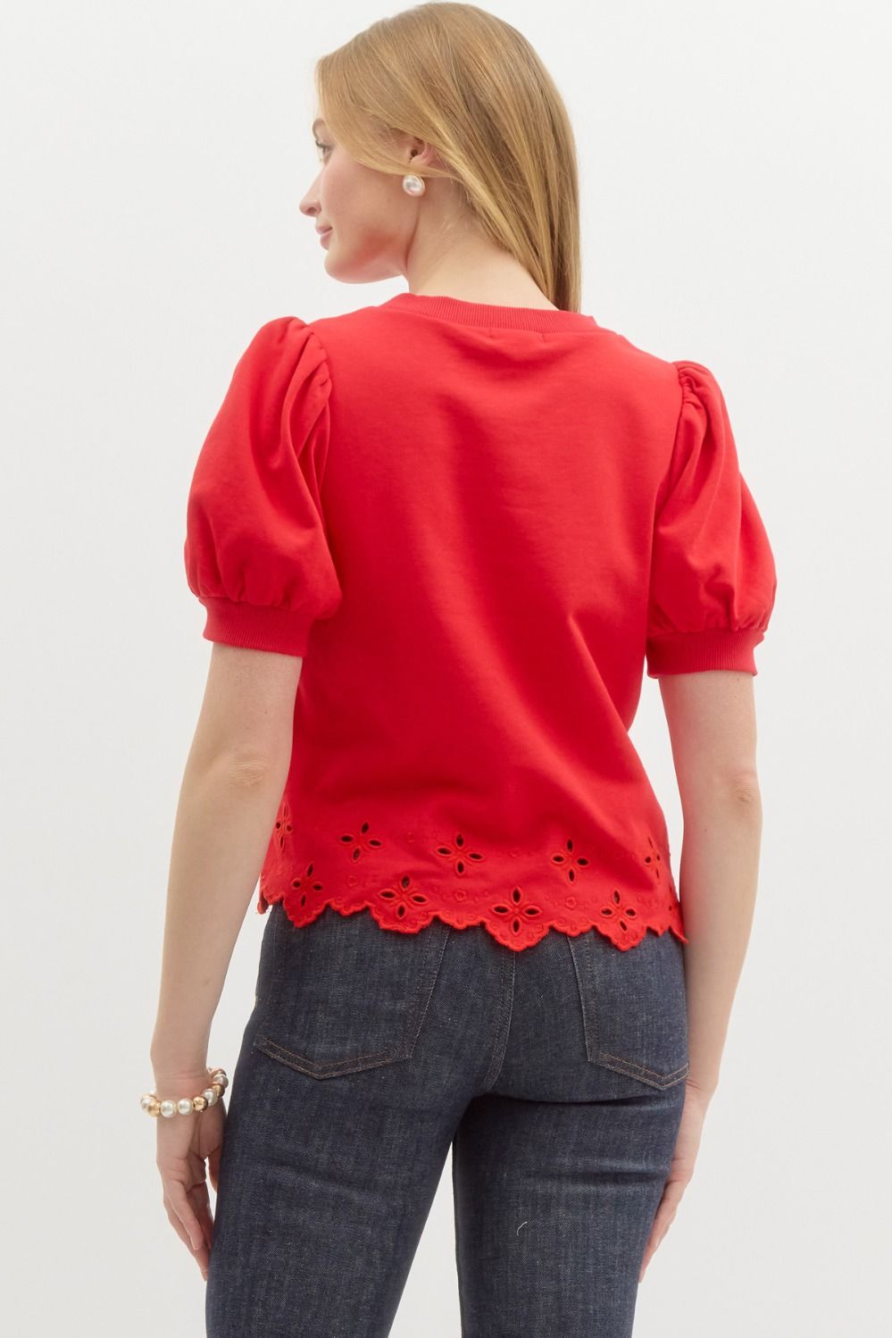 SHORT SLEEVE EMBROIDERED HEM TOP - RED