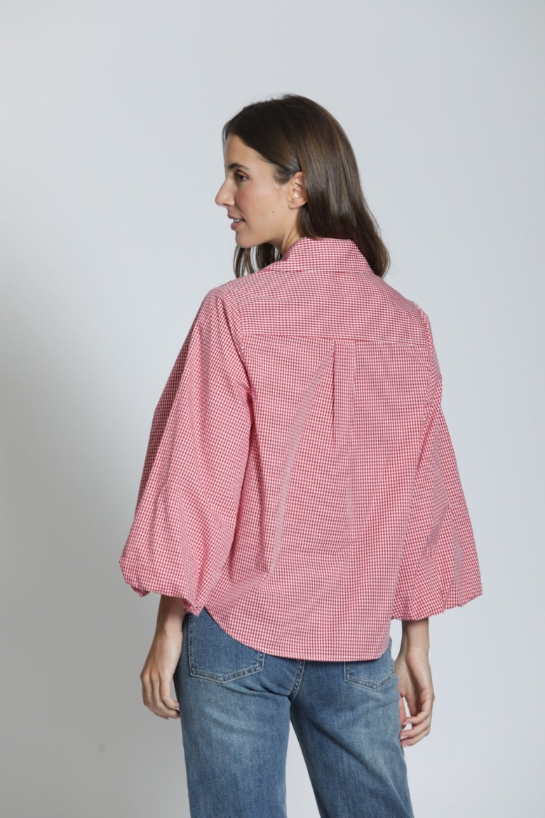 RED & WHITE CHECK PEASANT SLEEVE TOP