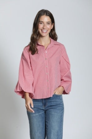 RED & WHITE CHECK PEASANT SLEEVE TOP